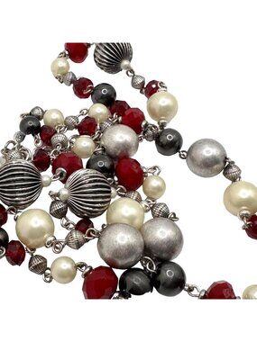 Eclectic Bead Necklace Premier Designs Extra Long Red Black Signed Silver Tone